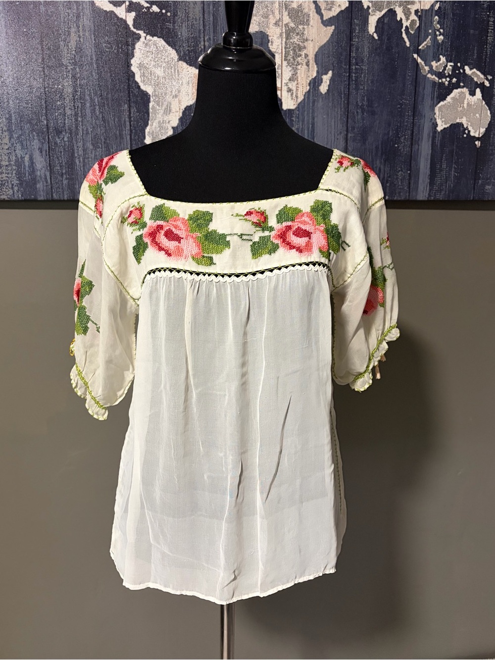 Vintage Embroidered Rose Peasant Blouse Sheer Folk Boho Handmade Look